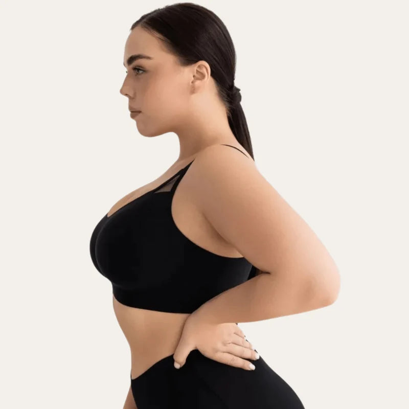 Soutien Pilier Le Liss preto sem aros vista lateral com suporte reforçado em modelo plus size