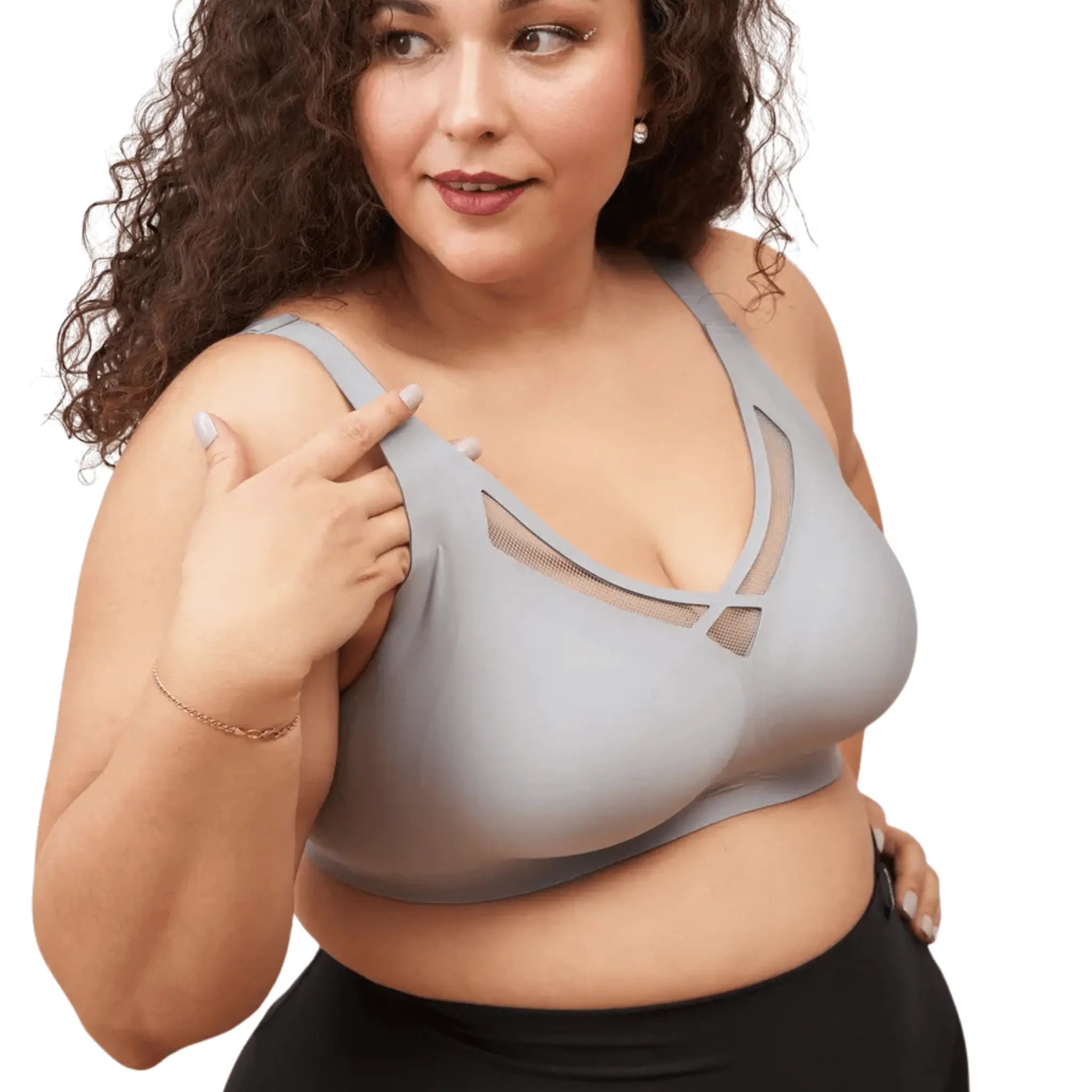 Mulher de perfil usando soutien redutor azul cinzento com detalhes em tela.