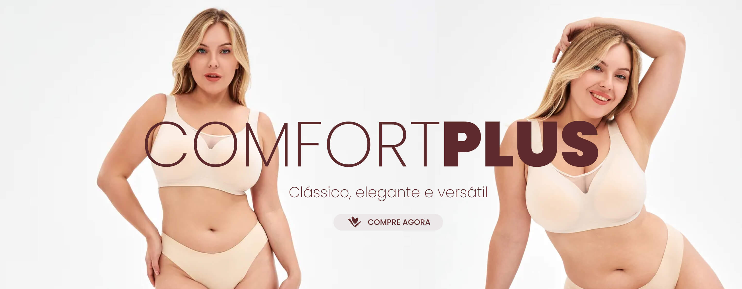 Banner com modelo a usar conjunto Comfort Plus bege e frase ‘Clássico, elegante e versátil’ acompanhada de botão ‘Compre agora’