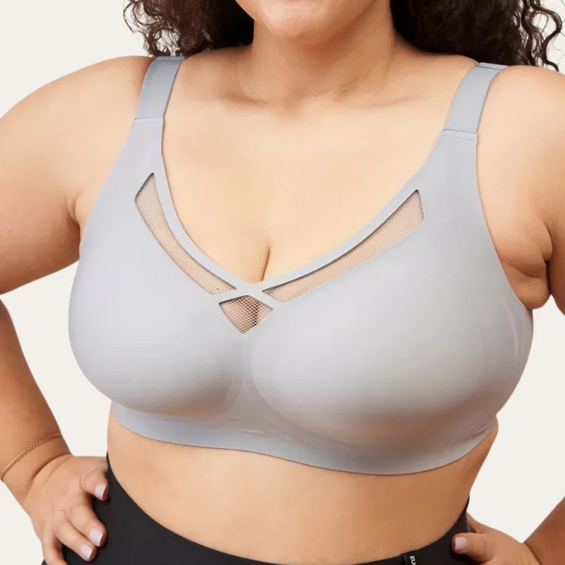 Soutien Savia azul acinzentado Le Liss com detalhe em tela no decote V e acabamento sem costura