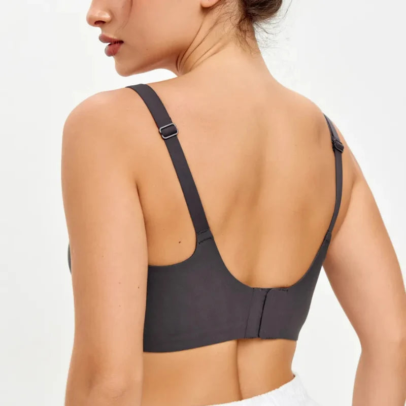 Vista traseira do soutien para amamentar Serene preto, com alças ajustáveis e fecho posterior.