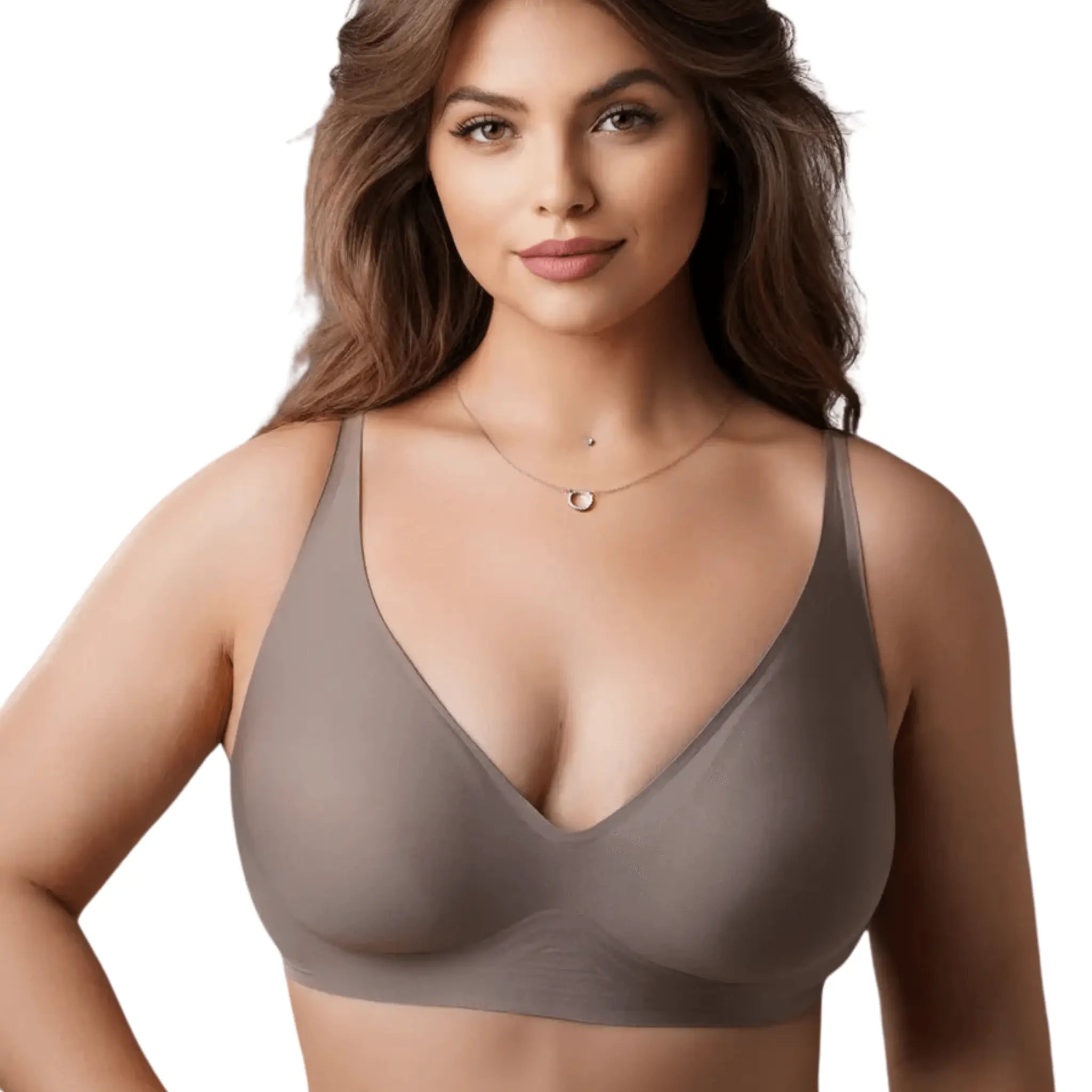 Mulher usando sutiã nude triangular sem aro, com decote em V e alças finas.